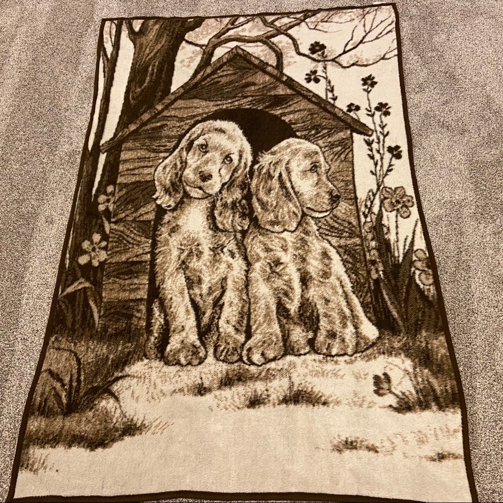 Vtg 90s Biederlack Puppy Heavy Fleece Blanket 80”